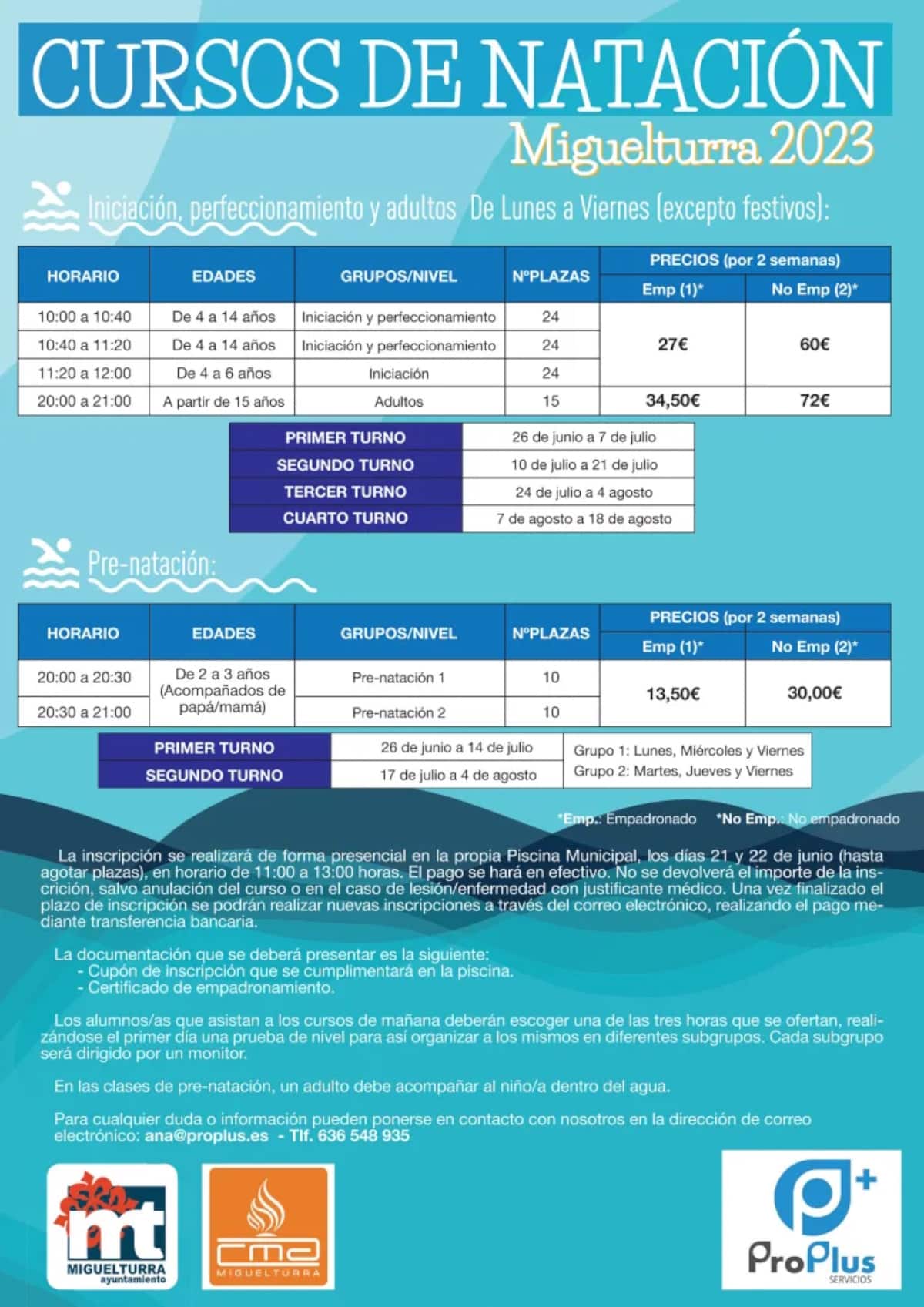 Inscripción a los cursos de natación verano 2023: niveles de iniciación, perfeccionamiento, adultos y pre-natación en Miguelturra
