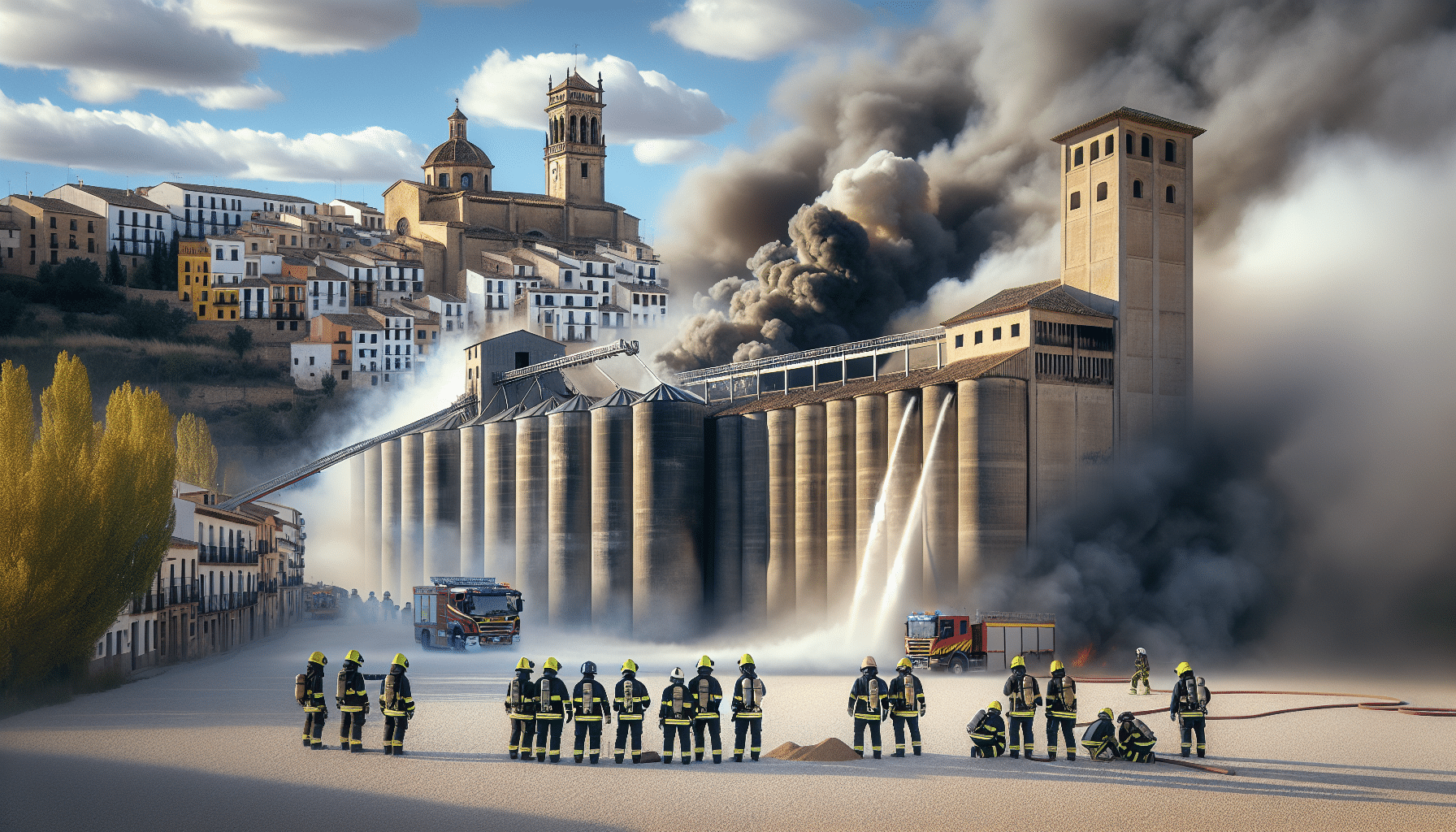 Extinguido el incendio en una nave de piensos en Villanueva de la Jara, Cuenca, tras intensas labores de los bomberos.