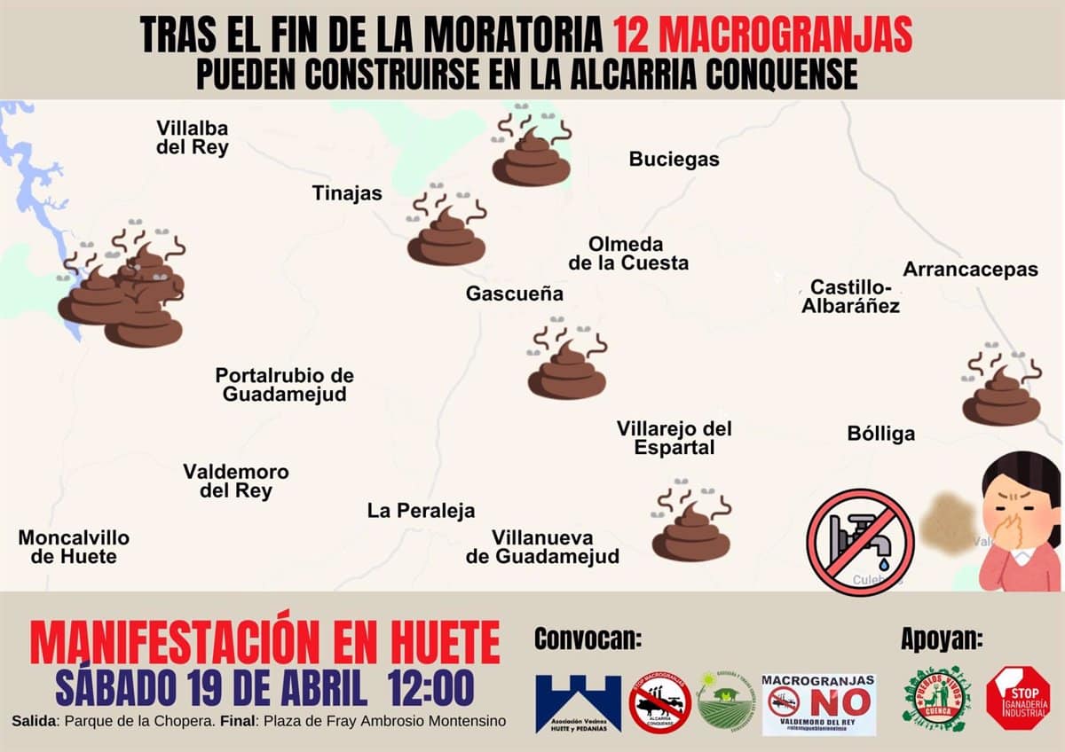 Asociaciones de Alcarria Conquense se manifiestan este sábado en Huete por la posible reactivación de 12 macrogranjas